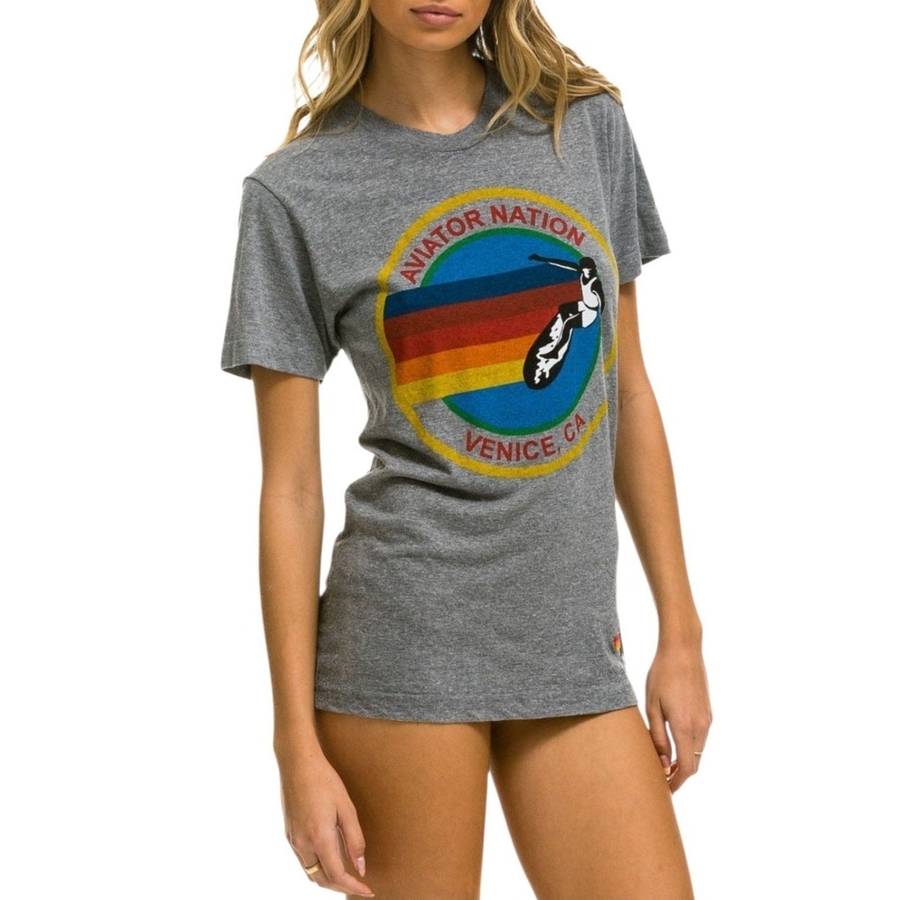 Aviator Nation Signature Venice Crew Surfer Tee Size M Grey Graphic Retro Logo
